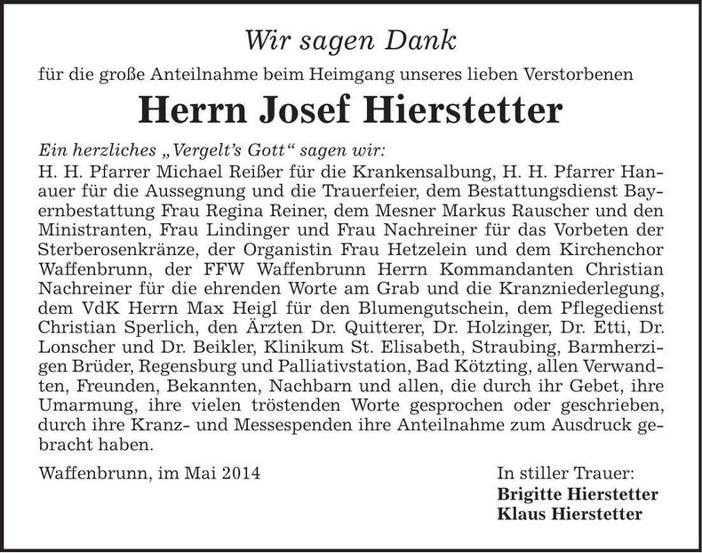 Traueranzeige Josef Hierstetter