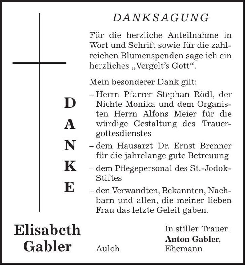 Traueranzeige Elisabeth Gabler