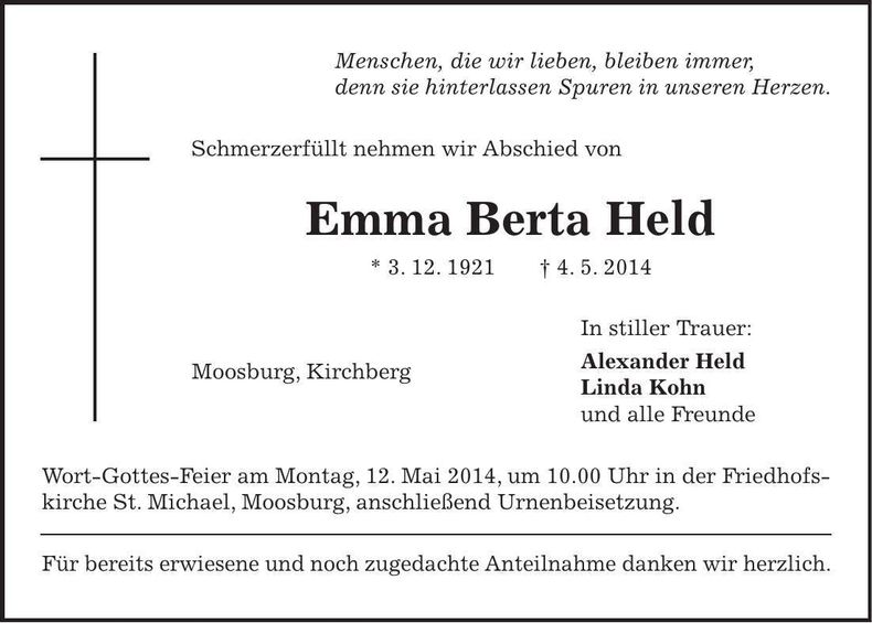 Traueranzeige Emma Berta Held