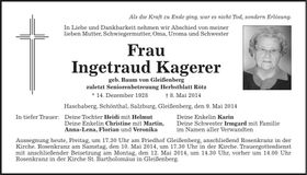 Traueranzeige Ingetraud Kagerer