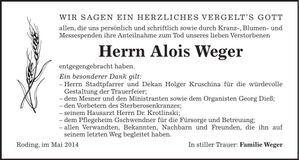 Traueranzeige Alois Weger