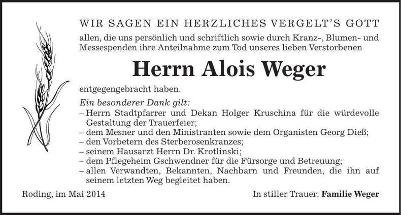 Traueranzeige Alois Weger