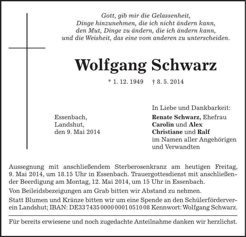 Traueranzeige Wolfgang Schwarz