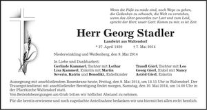 Traueranzeige Georg Stadler