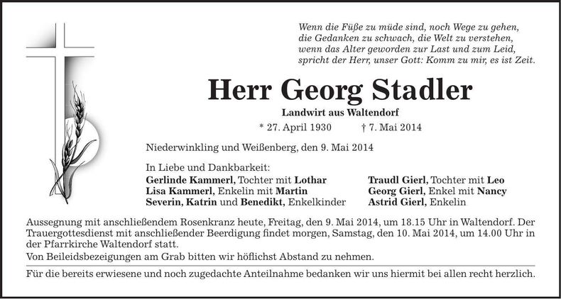 Traueranzeige Georg Stadler