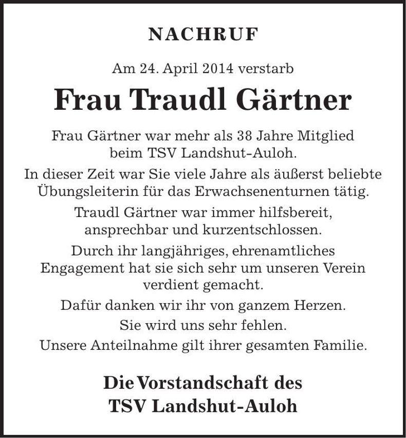 Traueranzeige Traudl Gärtner