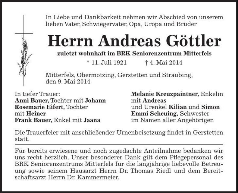Traueranzeige Andreas Göttler