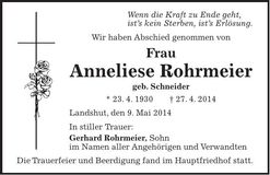 Traueranzeige Anneliese Rohrmeier