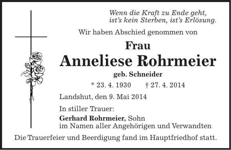Traueranzeige Anneliese Rohrmeier
