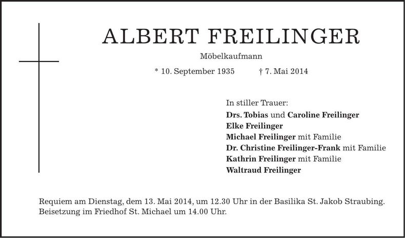 Traueranzeige Albert Freilinger