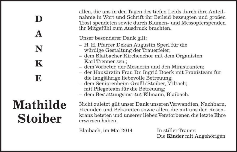 Traueranzeige Mathilde Stoiber