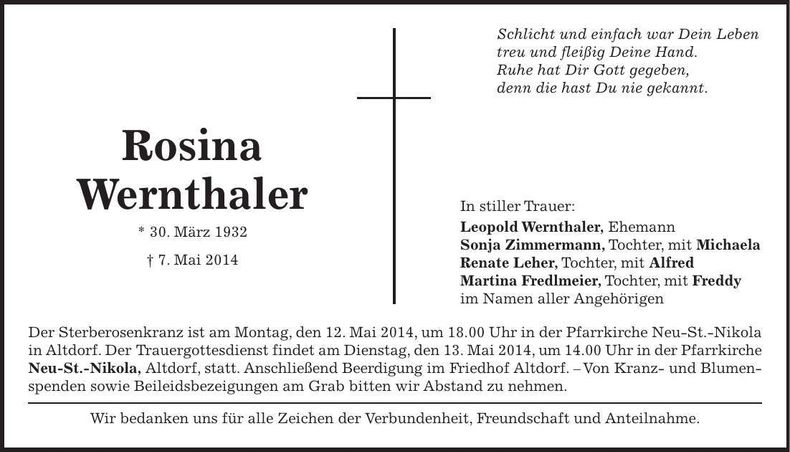 Traueranzeige Rosina Wernthaler