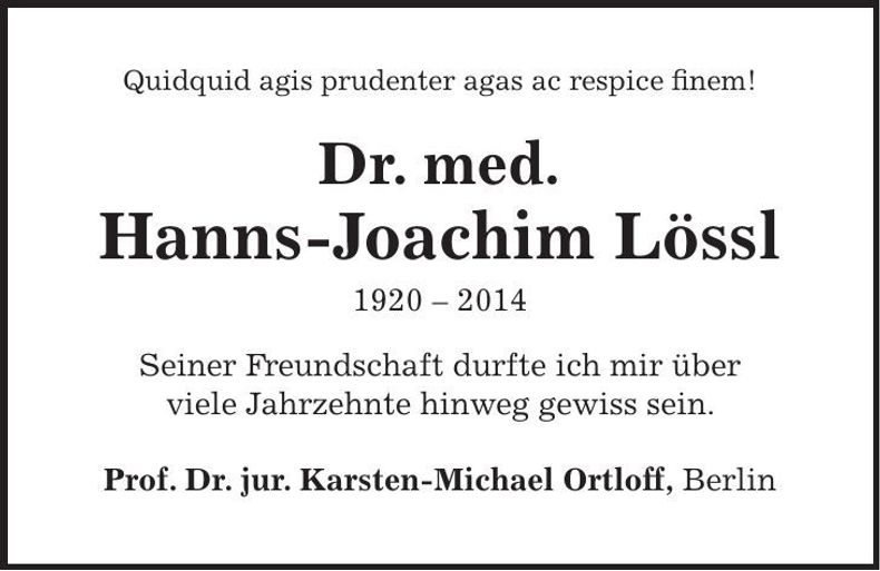 Traueranzeige Hanns-Joachim Lössl