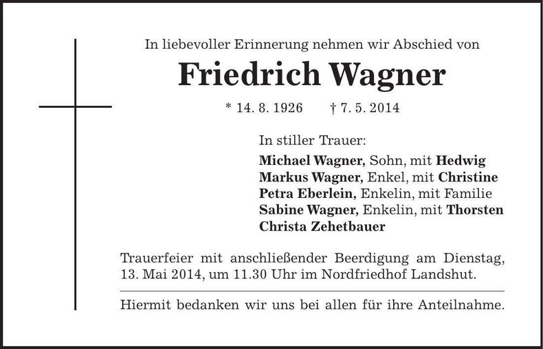 Traueranzeige Friedrich Wagner