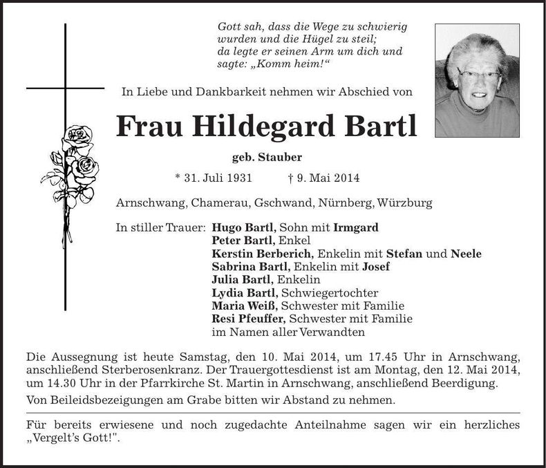 Traueranzeige Hildegard Bartl
