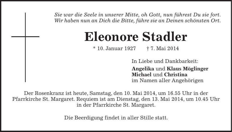 Traueranzeige Eleonore Stadler