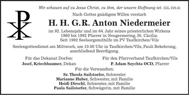 Traueranzeige Anton Niedermeier