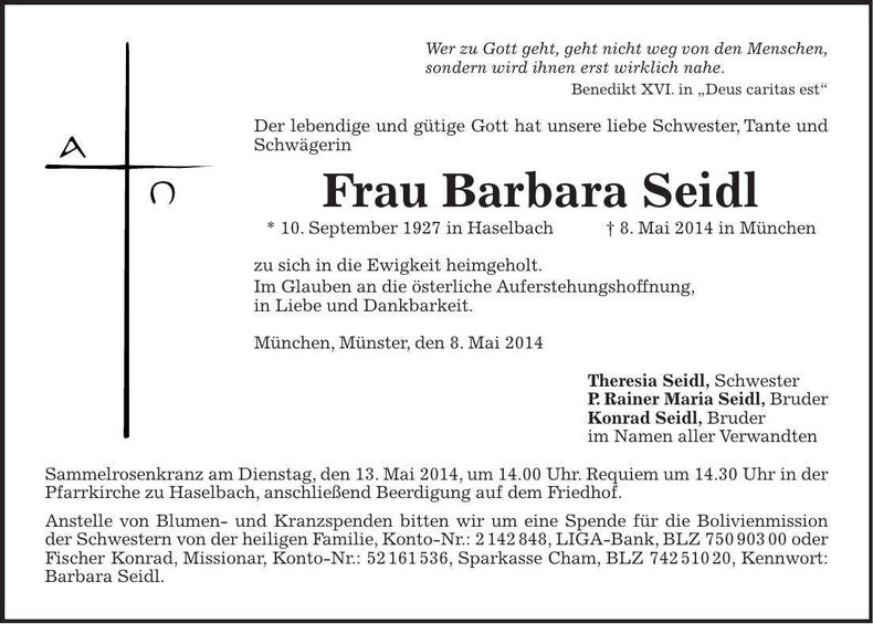 Traueranzeige Barbara Seidl