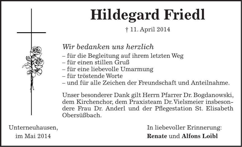 Traueranzeige Hildegard Friedl