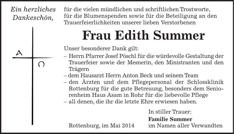 Traueranzeige Edith Summer