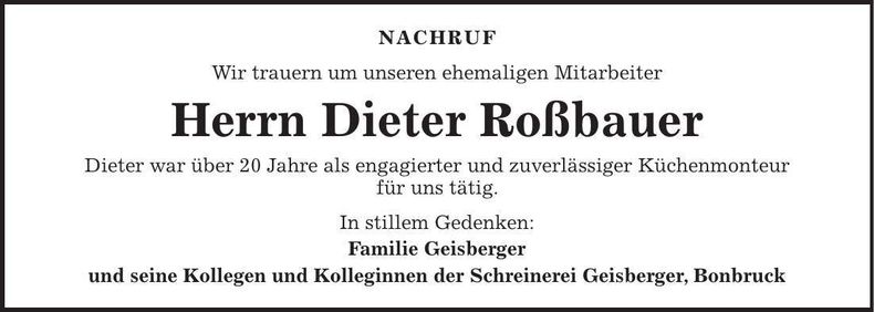 Traueranzeige Dieter Roßbauer