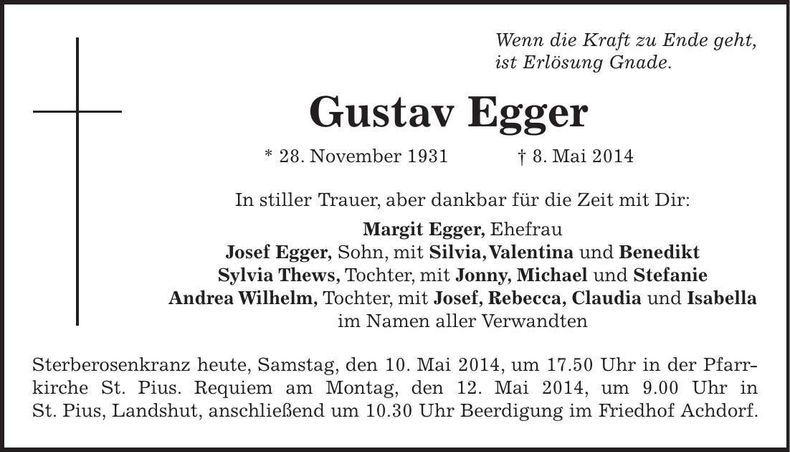 Traueranzeige Gustav Egger