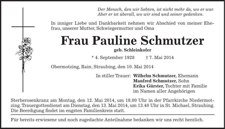 Traueranzeige Pauline Schmutzer