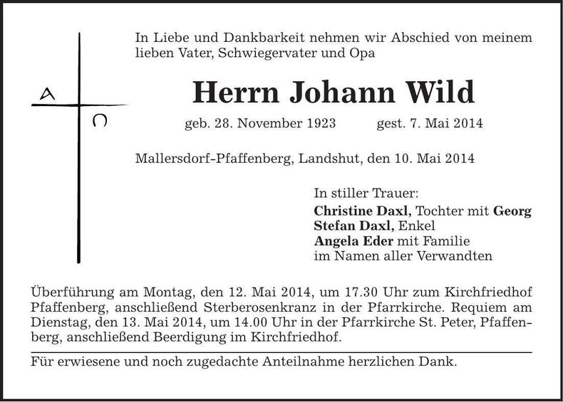 Traueranzeige Johann Wild