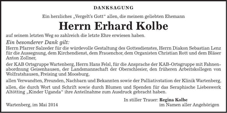 Traueranzeige Erhard Kolbe