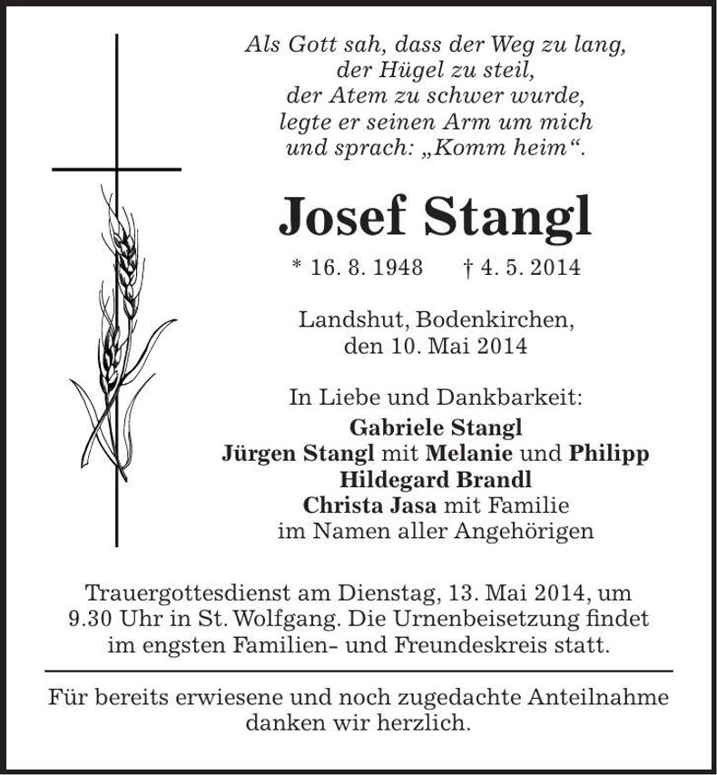 Traueranzeige Josef Stangl