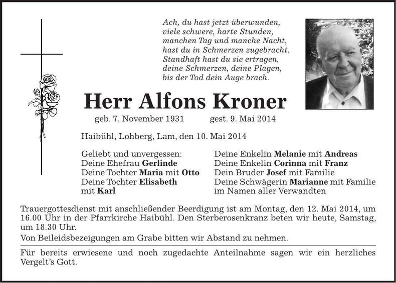 Traueranzeige Alfons Kroner
