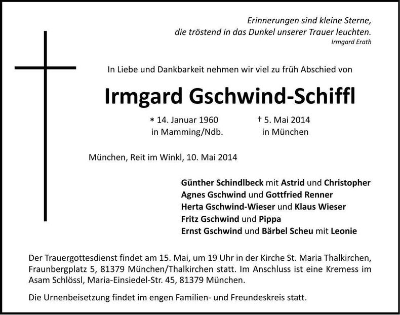 Traueranzeige Irmgard Maria Gschwind-Schiffl