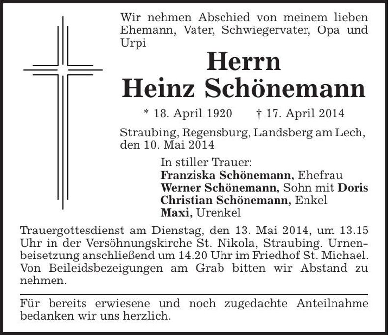 Traueranzeige Heinz Schönemann