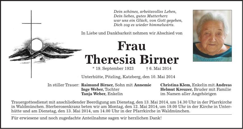 Traueranzeige Theresia Birner