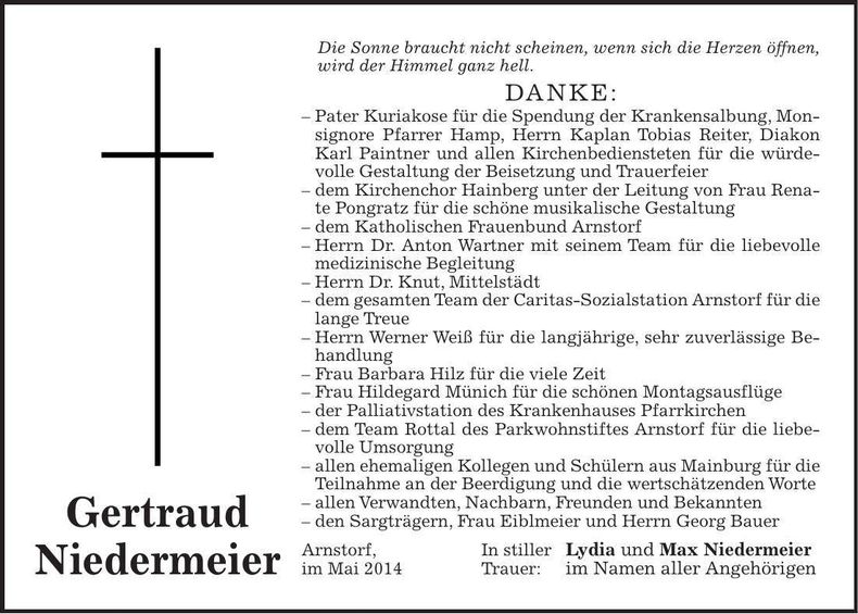 Traueranzeige Gertraud Niedermeier