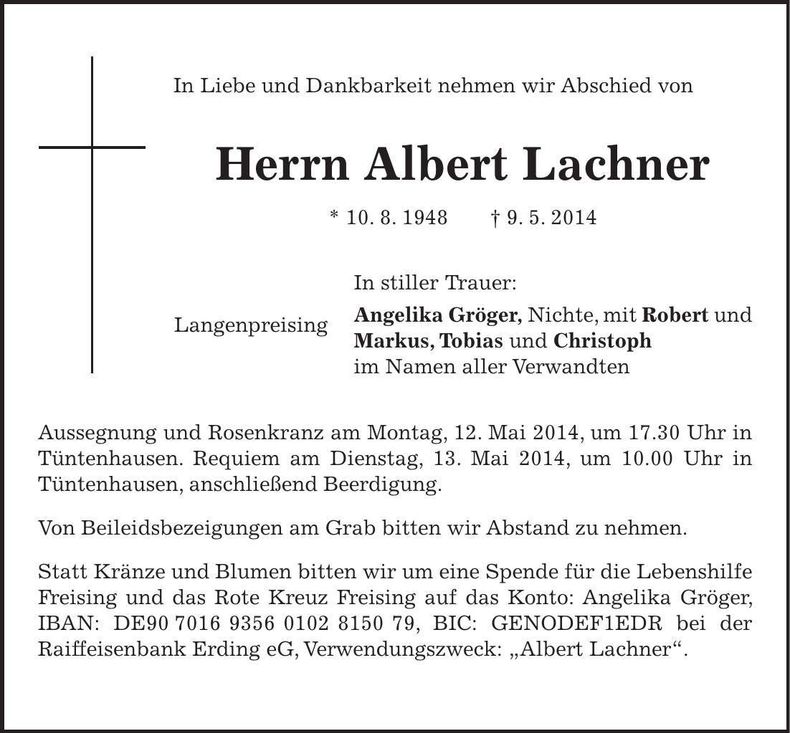 Traueranzeige Albert Lachner