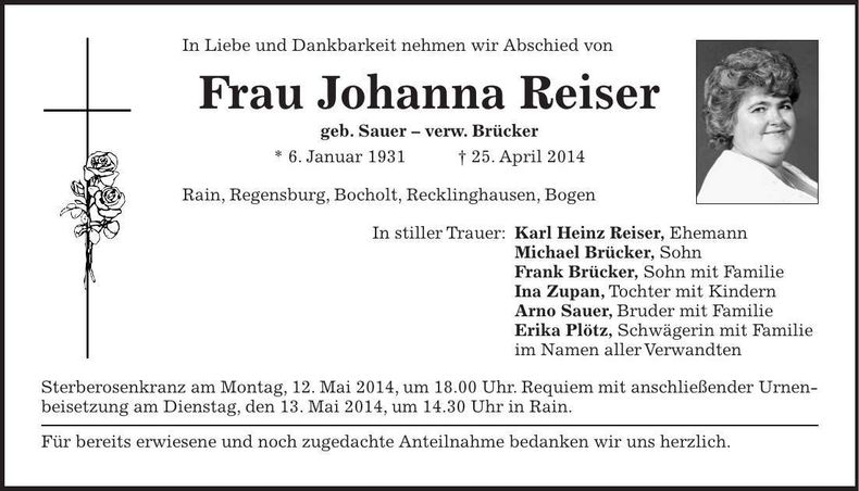 Traueranzeige Johanna Reiser