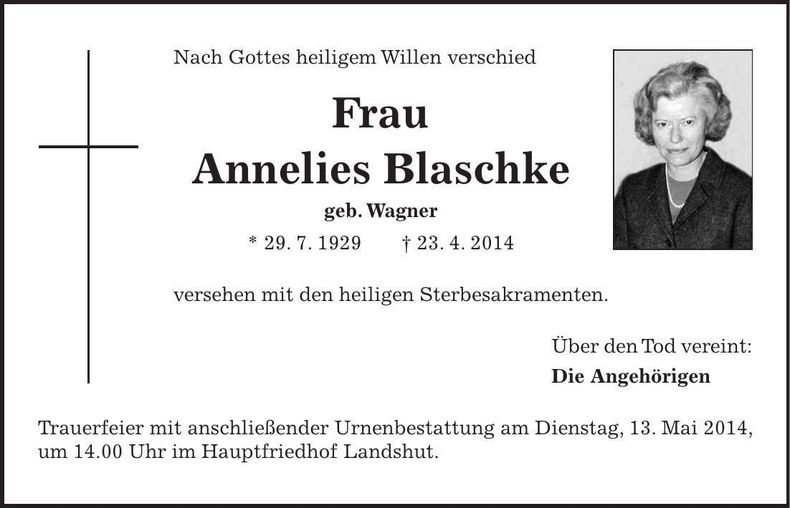 Traueranzeige Annelies Blaschke