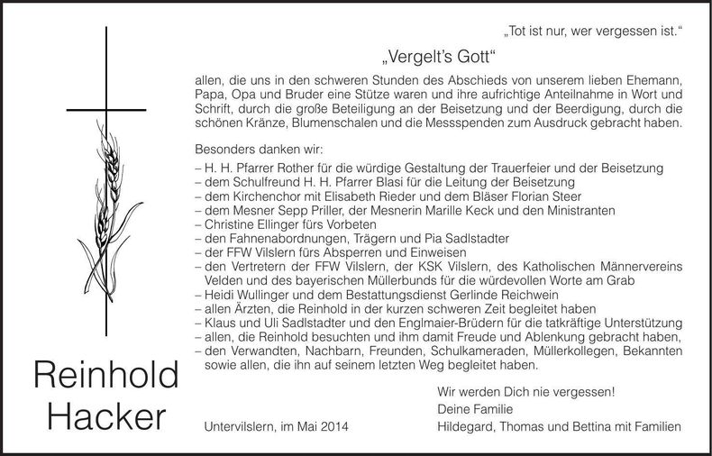 Traueranzeige Reinhold Hacker