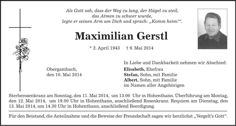 Traueranzeige Maximilian Gerstl