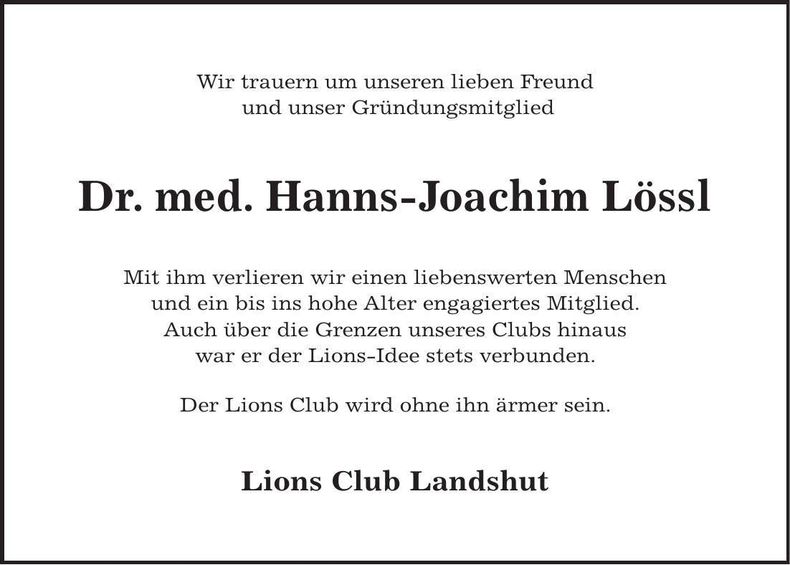 Traueranzeige Hanns-Joachim Lössl