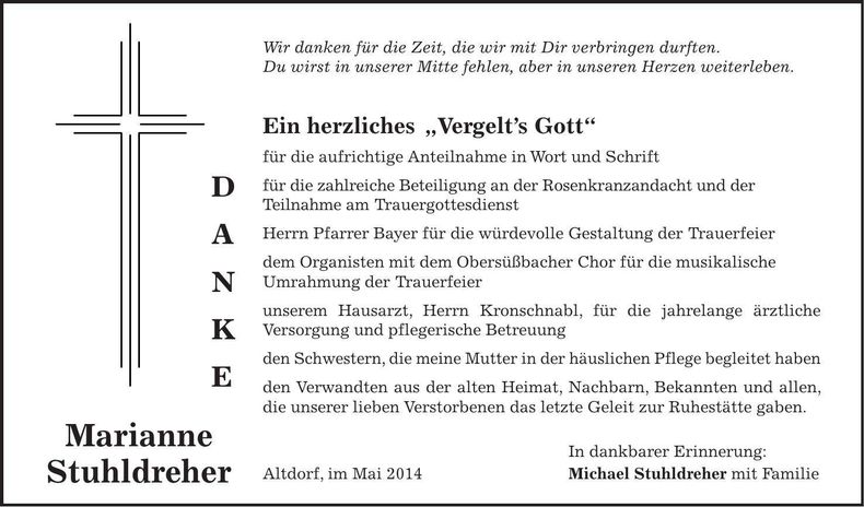 Traueranzeige Marianne Stuhldreher