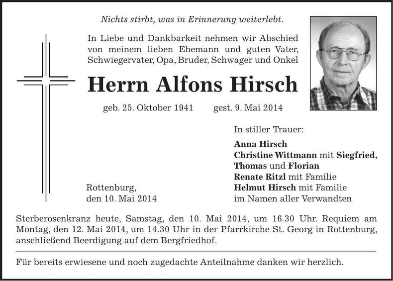 Traueranzeige Alfons Hirsch