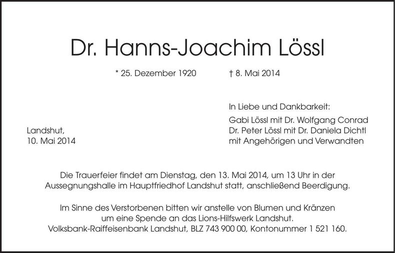 Traueranzeige Hanns-Joachim Lössl