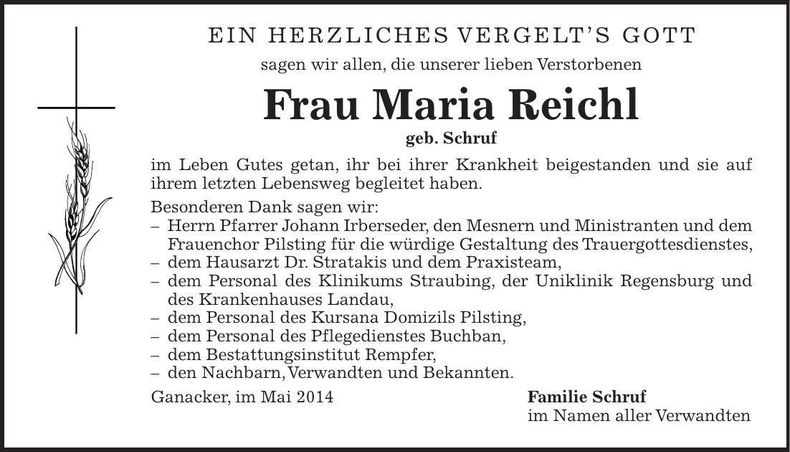 Traueranzeige Maria Reichl