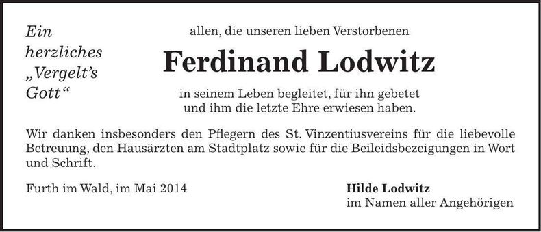 Traueranzeige Ferdinand Lodwitz