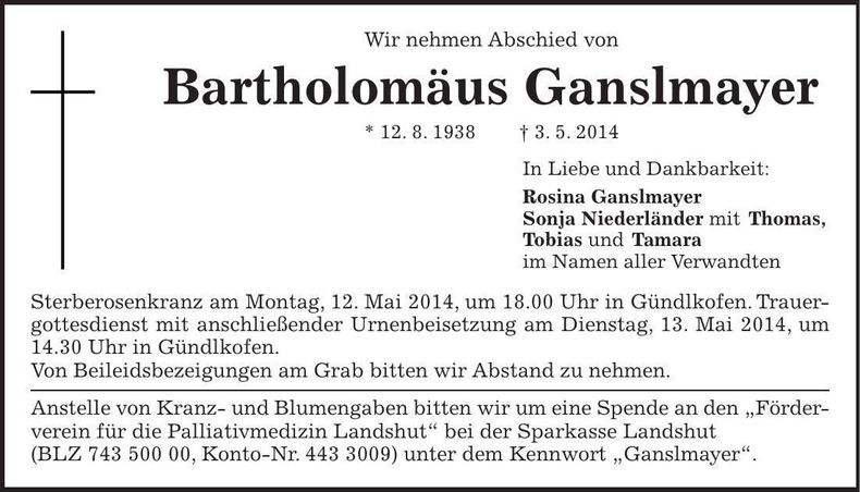 Traueranzeige Bartholomäus Ganslmayer