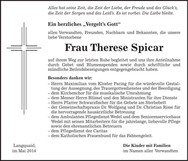 Traueranzeige Therese Spicar