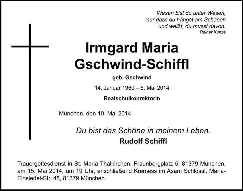 Traueranzeige Irmgard Maria Gschwind-Schiffl