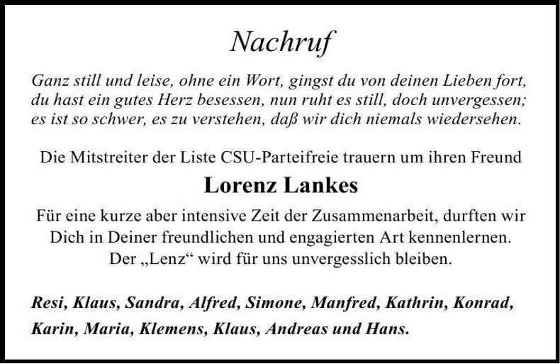Traueranzeige Lorenz Lankes